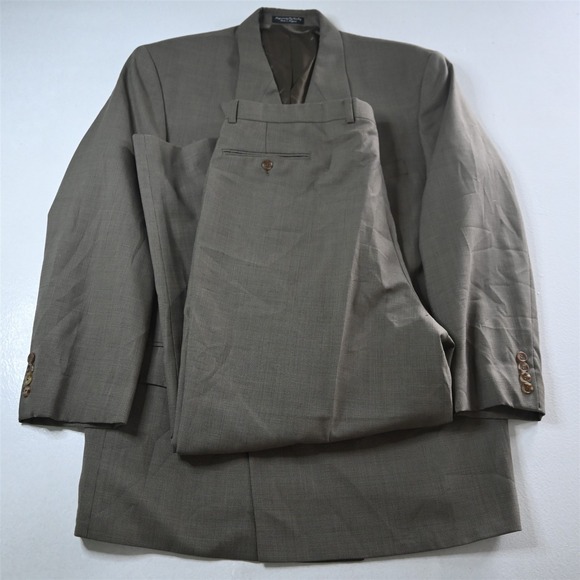 Vtg Mens Double Breasted 46L 40x30 Brown Wool Check Mens Jacket Pants Suit